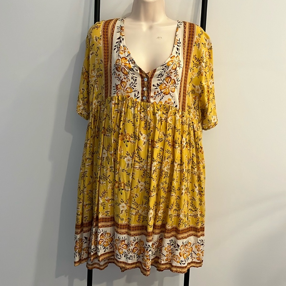 Umgee Empire Floral Yellow Short Sleeve Baby Doll Dress Women Size M